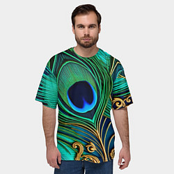 Футболка оверсайз мужская Зеленые перья павлина, цвет: 3D-принт — фото 2