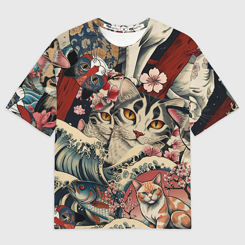 Мужская футболка оверсайз Котики и рыбки в сакуре / 3D-принт – фото 1