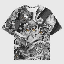 Футболка оверсайз мужская С котами и рыбой на фоне сакуры в волнах, цвет: 3D-принт