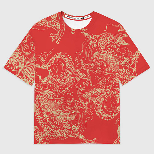 Мужская футболка оверсайз Золотые драконы на красном / 3D-принт – фото 1