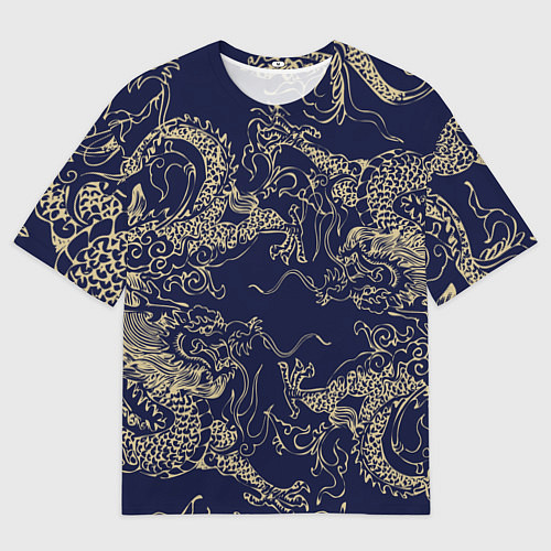 Мужская футболка оверсайз Золотые драконы на синем / 3D-принт – фото 1