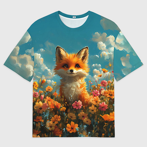 Мужская футболка оверсайз Лисица в цветочном поле / 3D-принт – фото 1