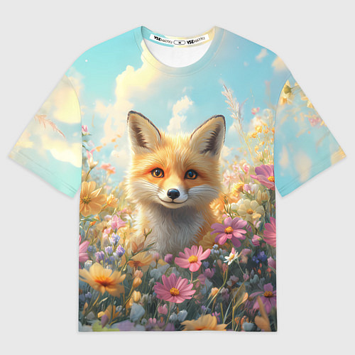 Мужская футболка оверсайз Лиса в цветочном поле / 3D-принт – фото 1