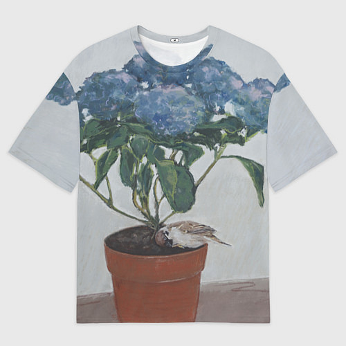 Мужская футболка оверсайз Спящий воробушек на гортензии / 3D-принт – фото 1
