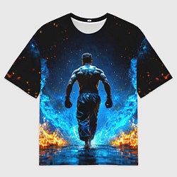 Мужская футболка оверсайз Боец крав-мага в синем пламени