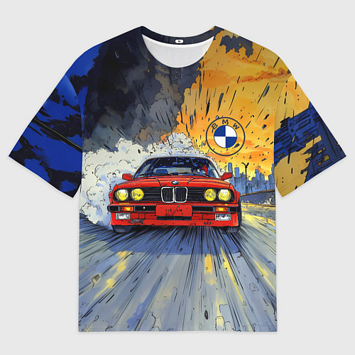 Мужская футболка оверсайз Красная BMW на скорости / 3D-принт – фото 1