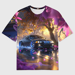 Мужская футболка оверсайз БМВ и фиолетовые цветы