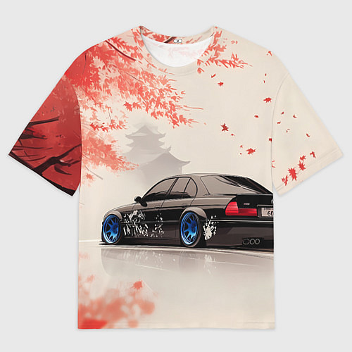 Мужская футболка оверсайз Черная БМВ и сакура / 3D-принт – фото 1