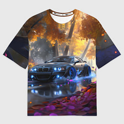 Мужская футболка оверсайз BMW синие неоновые фары