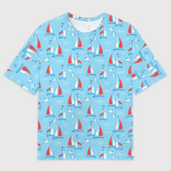 Футболка оверсайз мужская Морской паттерн с парусными лодками и чайками, цвет: 3D-принт