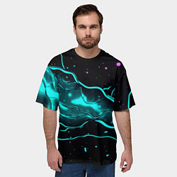 Футболка оверсайз мужская Голубые неоновые волны текстура, цвет: 3D-принт — фото 2