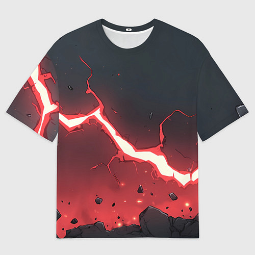 Мужская футболка оверсайз Красная молния на черной текстуре / 3D-принт – фото 1