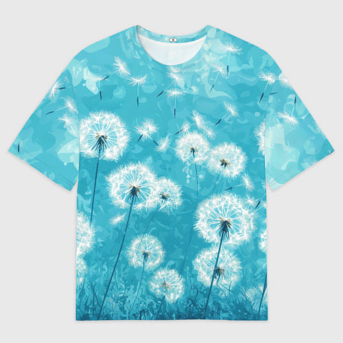 Мужская футболка оверсайз Белые одуванчики на бирюзовом фоне / 3D-принт – фото 1