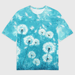 Мужская футболка оверсайз Белые одуванчики на бирюзовом фоне