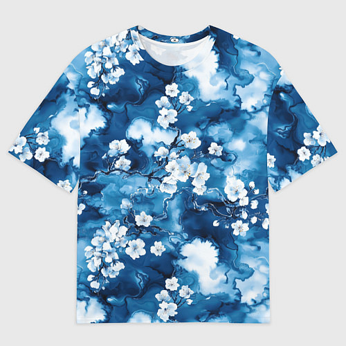 Мужская футболка оверсайз Цветы белой сакуры - паттерн на синем фоне / 3D-принт – фото 1