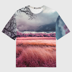 Мужская футболка оверсайз Поле и деревья пейзаж - инфракрасный стиль