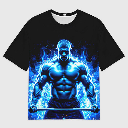 Мужская футболка оверсайз Пауэрлифтер в синем пламени / 3D-принт – фото 1