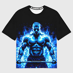 Футболка оверсайз мужская Пауэрлифтер в синем пламени, цвет: 3D-принт