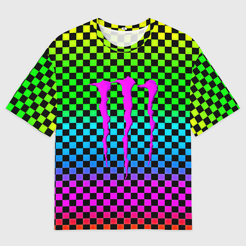 Мужская футболка оверсайз Monster energy неоновая клетка / 3D-принт – фото 1