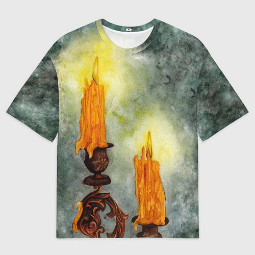 Мужская футболка оверсайз Две горящие свечи в темноте / 3D-принт – фото 1