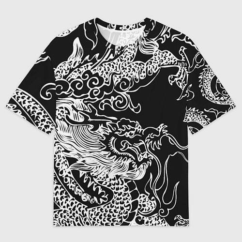 Мужская футболка оверсайз Белый дракон на черном / 3D-принт – фото 1