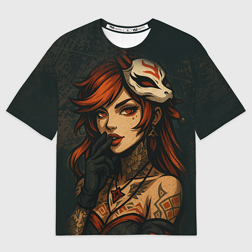 Мужская футболка оверсайз Рыжая девушка с маской лисы дерзкий стиль / 3D-принт – фото 1