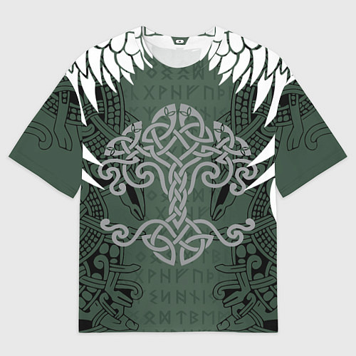 Мужская футболка оверсайз Древние руны и древо жизни с крыльями / 3D-принт – фото 1