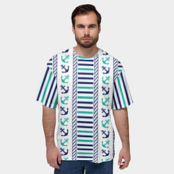 Футболка оверсайз мужская Морской орнамент с якорями и полосками, цвет: 3D-принт — фото 2