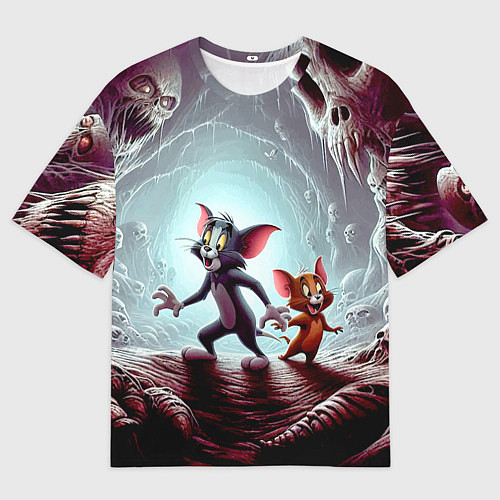Мужская футболка оверсайз Том и Джерри в пещере ужасов - хэллоуин / 3D-принт – фото 1