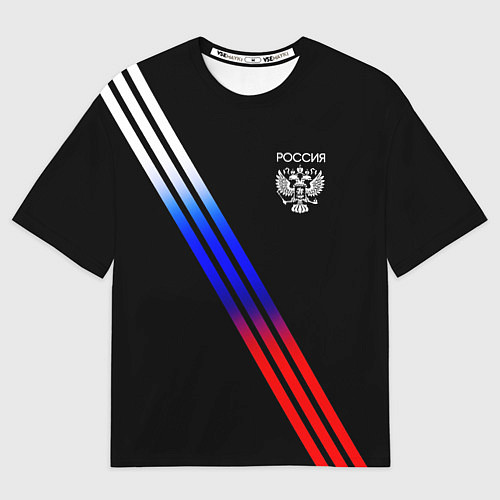 Мужская футболка оверсайз Герб и полосы с цветами флага России на чёрном / 3D-принт – фото 1