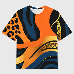 Мужская футболка оверсайз Леопардовый с синим и оранжевым