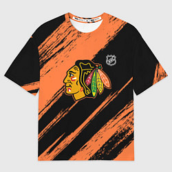 Футболка оверсайз мужская Чикаго Блэкхокс - фон с оранжевыми потертостами, цвет: 3D-принт