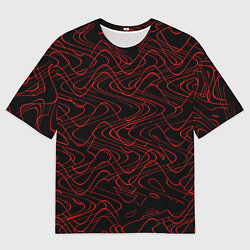 Футболка оверсайз мужская Чёрный с красными волнистыми линиями абстракция, цвет: 3D-принт