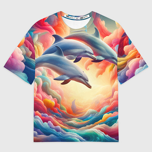 Мужская футболка оверсайз Три небесных дельфина - нейроарт фантазия / 3D-принт – фото 1