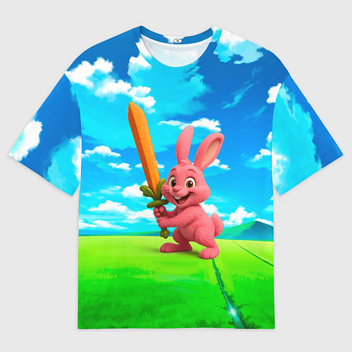 Мужская футболка оверсайз Розовый заяц с мечом из морковки / 3D-принт – фото 1