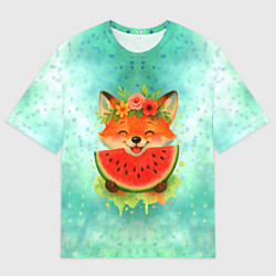 Мужская футболка оверсайз Веселая лисичка ест арбуз