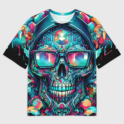 Мужская футболка оверсайз Кибер череп в балахоне и очках - нейроарт фантазия / 3D-принт – фото 1