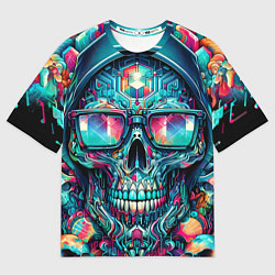 Мужская футболка оверсайз Кибер череп в балахоне и очках - нейроарт фантазия