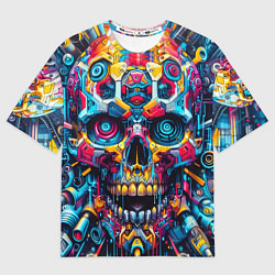 Футболка оверсайз мужская Кибер череп - нейроарт паттерн, цвет: 3D-принт