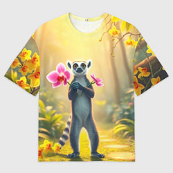 Мужская футболка оверсайз Лемур несёт орхидеи для любимой