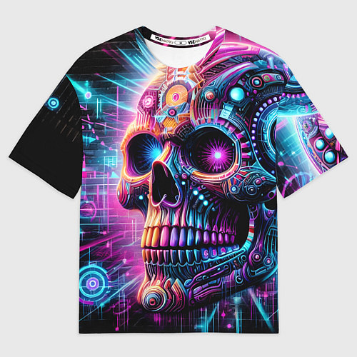 Мужская футболка оверсайз Neon cyber skull / 3D-принт – фото 1