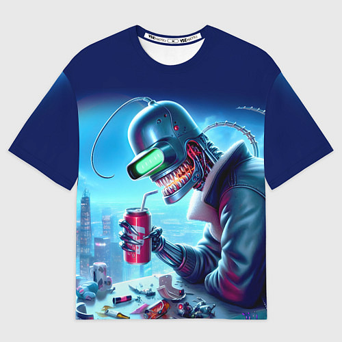 Мужская футболка оверсайз Кибер Бендер пьёт лимонад - неоновое свечение / 3D-принт – фото 1