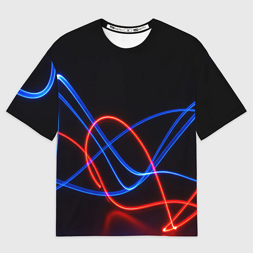 Мужская футболка оверсайз Красно синие неоновые линии на черном фоне / 3D-принт – фото 1