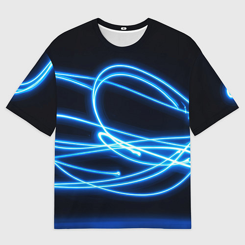 Мужская футболка оверсайз Неоновые голубые волны на черном фоне / 3D-принт – фото 1