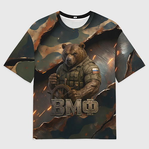Мужская футболка оверсайз ВМФ медведь у штурвала на фоне камуфляжа / 3D-принт – фото 1