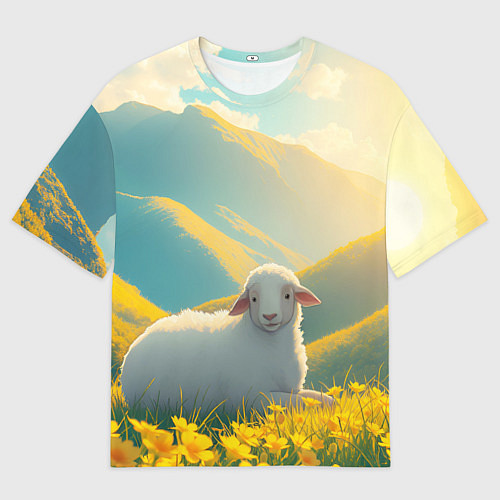 Мужская футболка оверсайз Овечка в цветочной долине / 3D-принт – фото 1