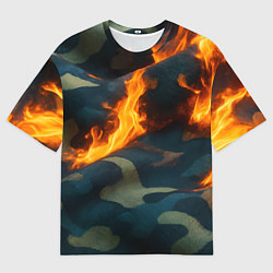 Футболка оверсайз мужская Огонь на камуфляжной ткани, цвет: 3D-принт