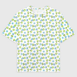 Мужская футболка оверсайз Мелкие синие цветы ретро на белом фоне