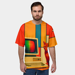 Футболка оверсайз мужская Кот и винтажный компьютер ретрофутуризм поп-арт 19, цвет: 3D-принт — фото 2