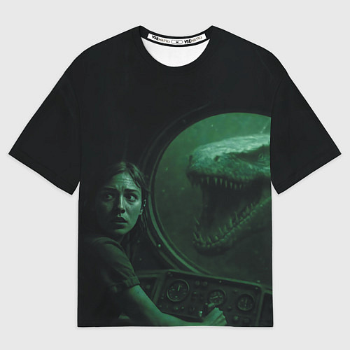 Мужская футболка оверсайз На батискаф с девушкой нападает Тилозавр ужасы / 3D-принт – фото 1